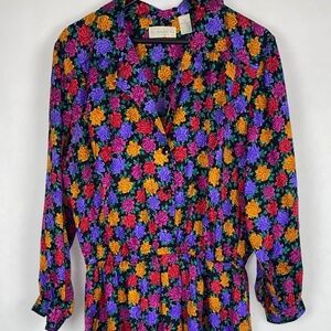 Vintage Elisabeth Liz Claiborne Silk Black Floral Button Down Midi Dress 16P EUC